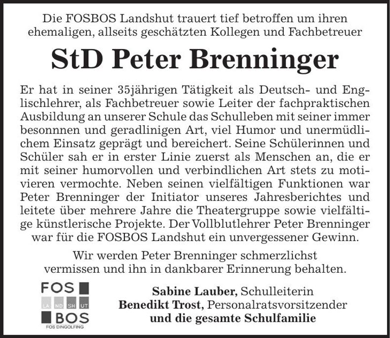 Traueranzeige Peter Brenninger