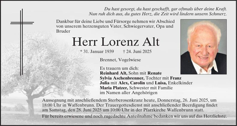 Traueranzeige Lorenz Alt