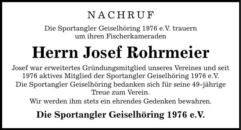 Traueranzeige Josef Rohrmeier