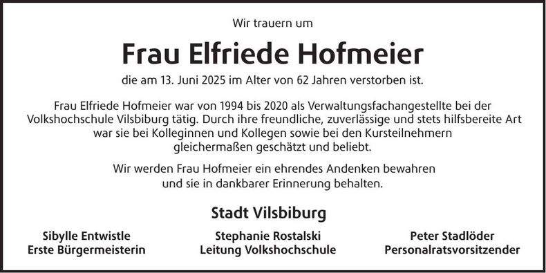 Traueranzeige Elfriede Hofmeier