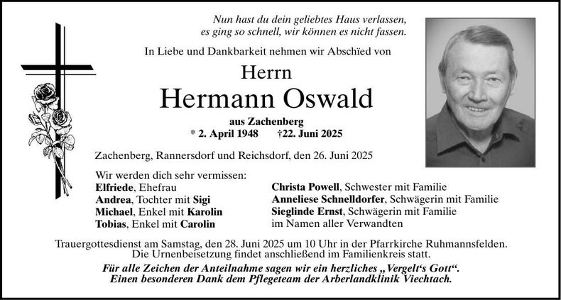 Traueranzeige Hermann Oswald