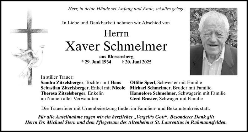 Traueranzeige Xaver Schmelmer