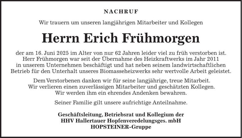 Traueranzeige Erich Frühmorgen