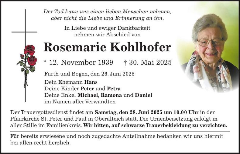 Traueranzeige Rosemarie Kohlhofer