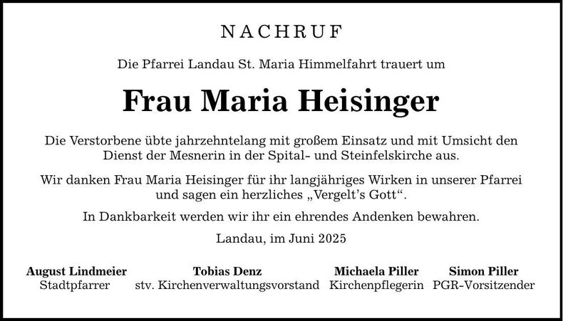 Traueranzeige Maria Heisinger