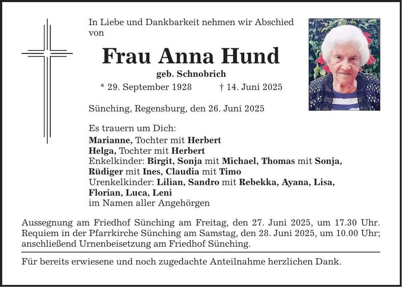 Traueranzeige Anna Hund