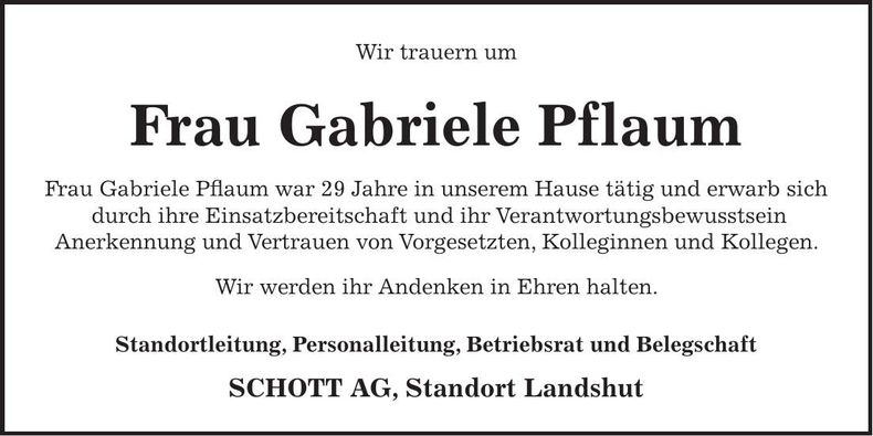 Traueranzeige Gabriele Pflaum