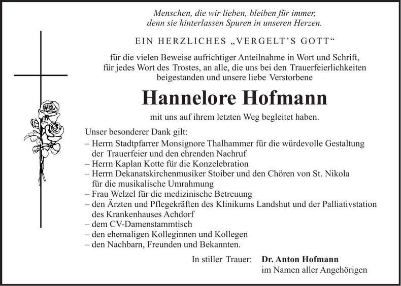 Traueranzeige Hannelore Hofmann