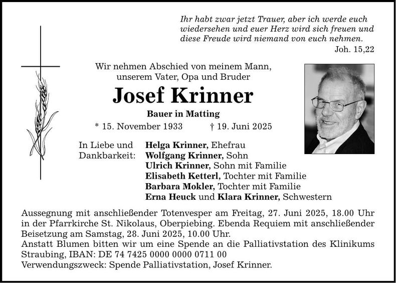 Traueranzeige Josef Krinner