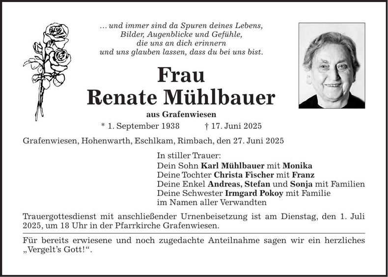 Traueranzeige Renate Mühlbauer