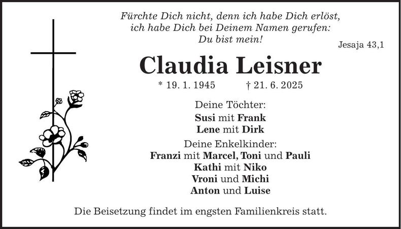 Traueranzeige Claudia Leisner