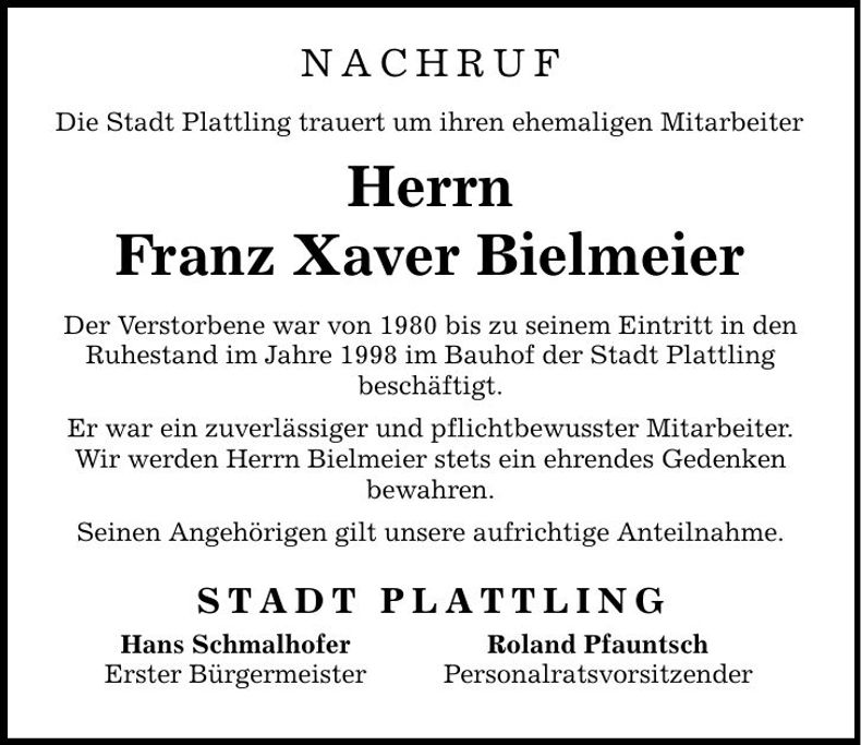 Traueranzeige Xaver Bielmeier