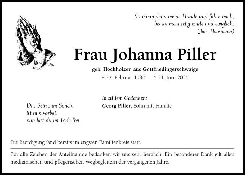 Traueranzeige Johanna Piller