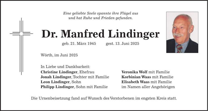 Traueranzeige Dr. Manfred Lindinger