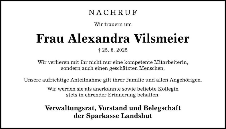 Traueranzeige Alexandra Vilsmeier