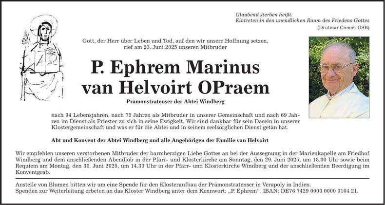 Traueranzeige P. Ephrem Marinus van Helvoirt OPraem