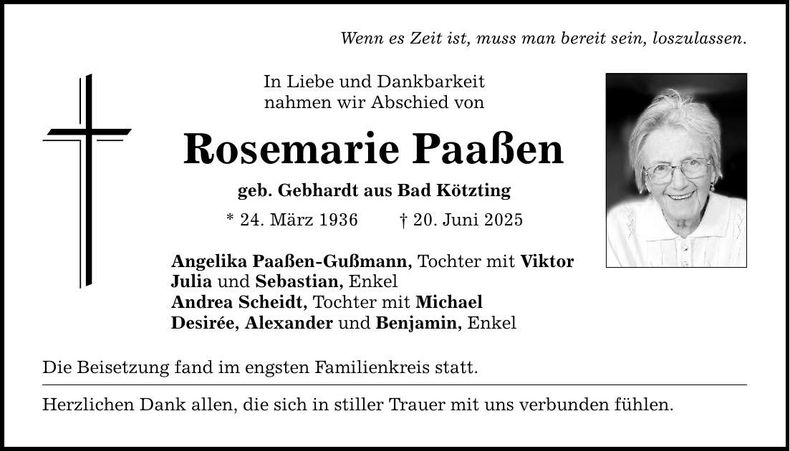 Traueranzeige Rosemarie Paaßen