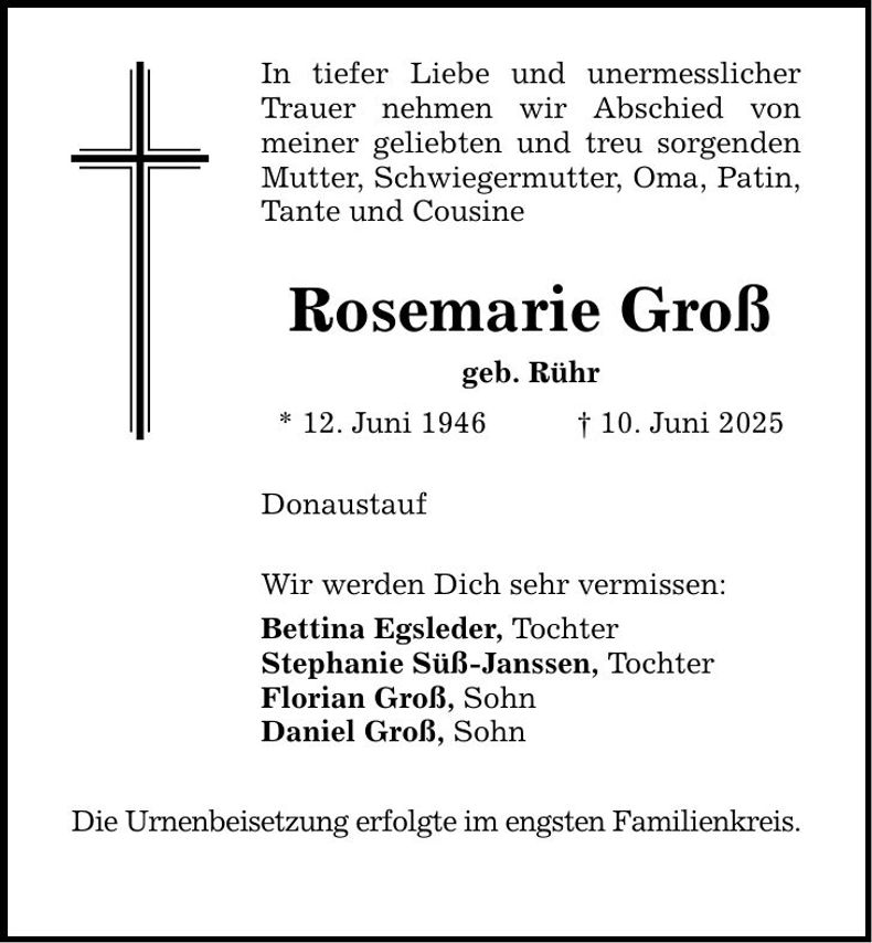 Traueranzeige Rosemarie Groß