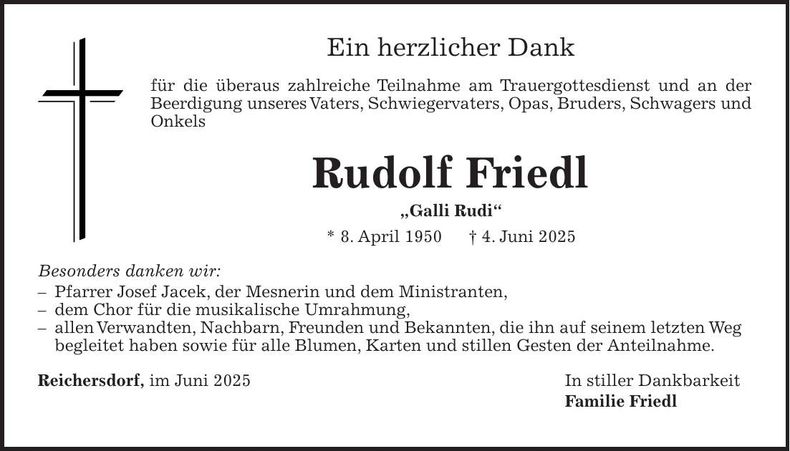 Traueranzeige Rudolf Friedl