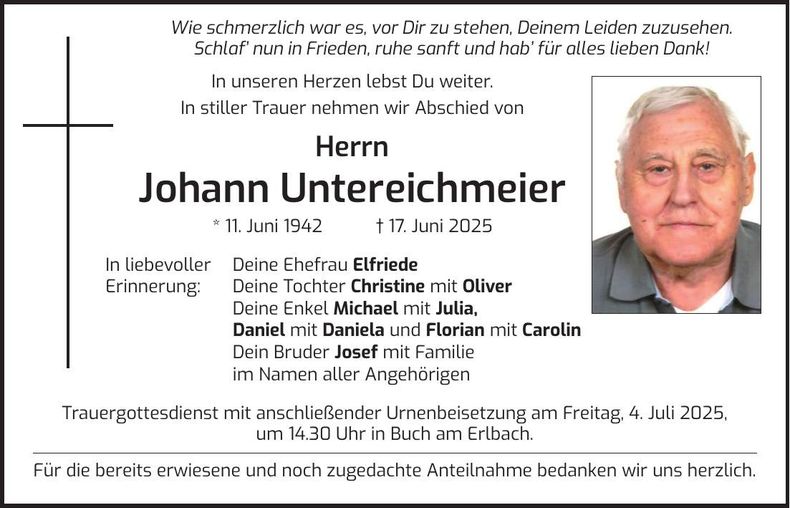 Traueranzeige Johann Untereichmeier