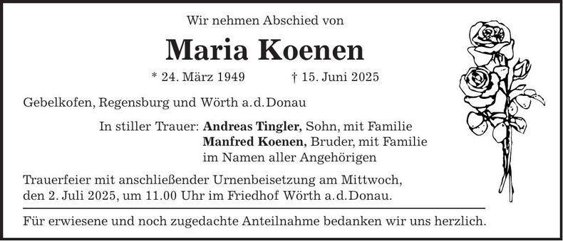 Traueranzeige Maria Koenen
