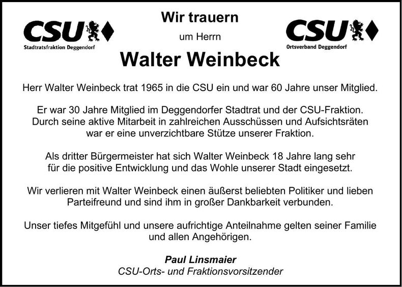 Traueranzeige Walter Weinbeck