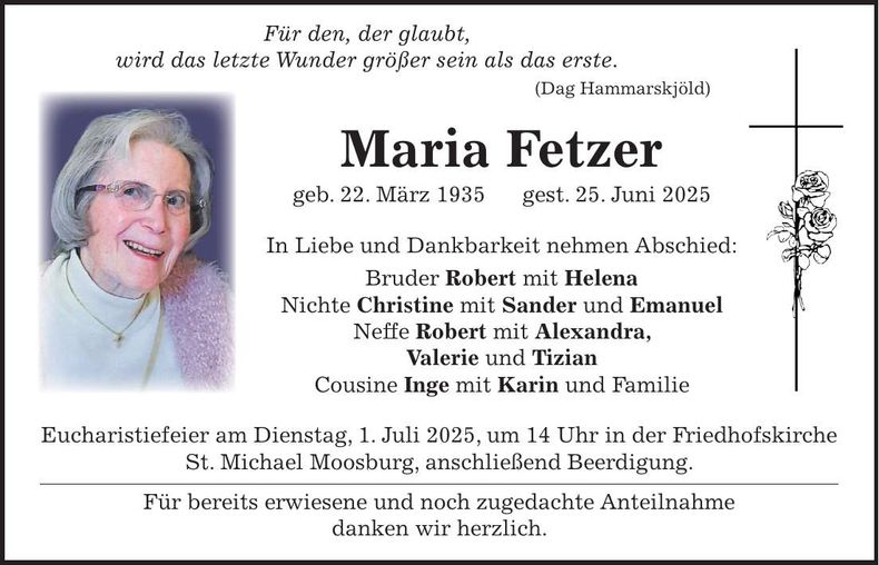 Traueranzeige Maria Fetzer