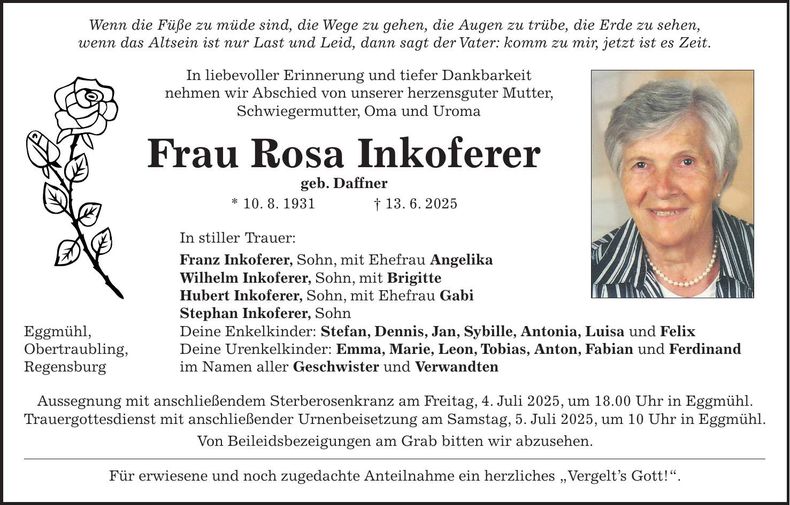 Traueranzeige Rosa Inkoferer