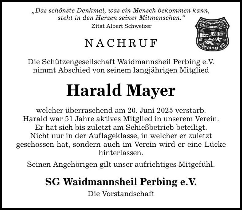 Traueranzeige Harald Mayer