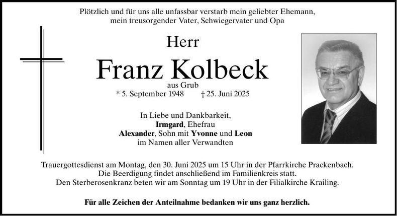 Traueranzeige Kolbeck Franz