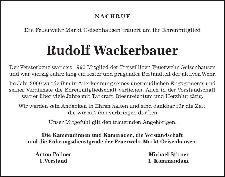 Traueranzeige Rudolf Wackerbauer