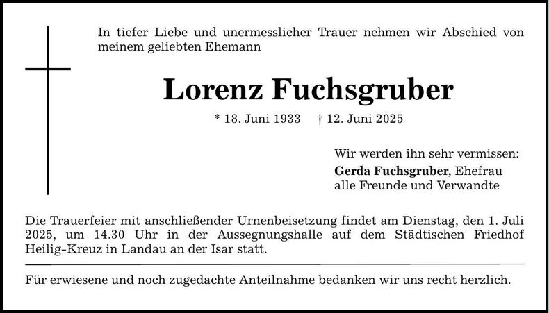 Traueranzeige Lorenz Fuchsgruber