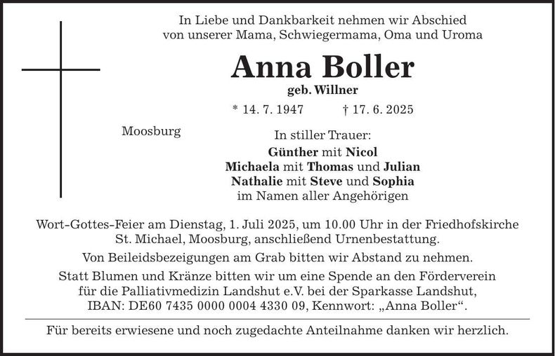 Traueranzeige Anna Boller