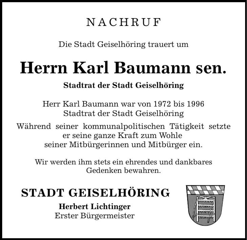 Traueranzeige Karl Baumann sen.