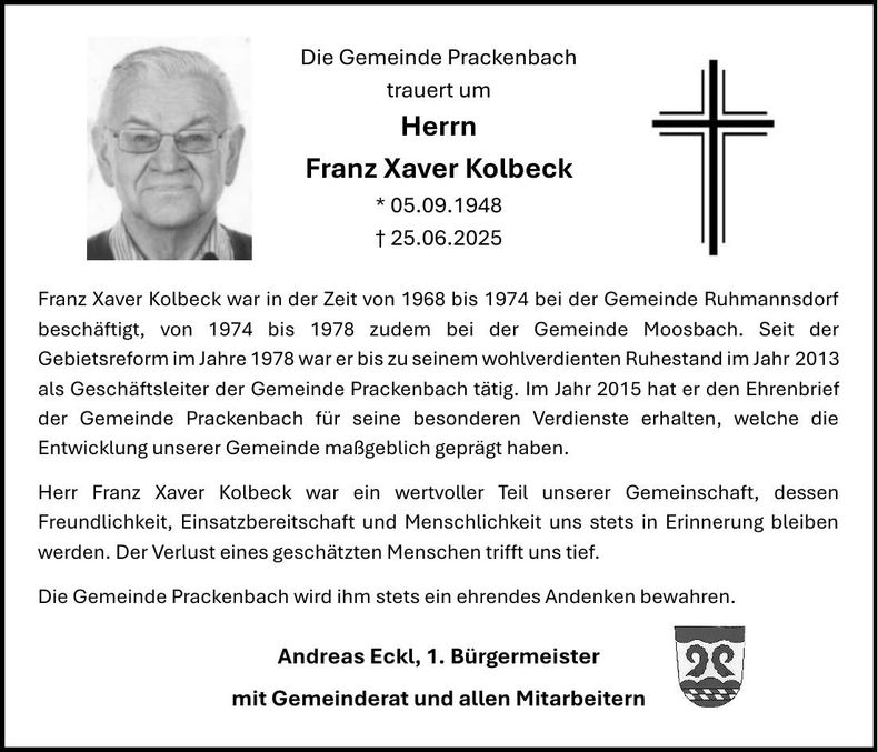 Traueranzeige Franz Xaver Kolbeck