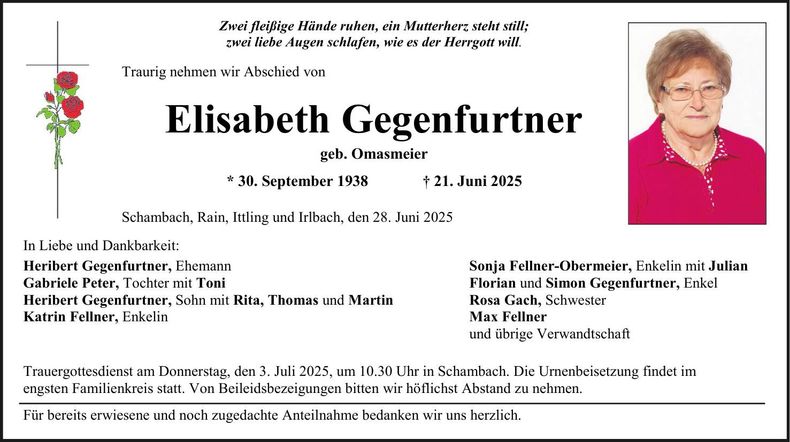Traueranzeige Elisabeth Gegenfurtner