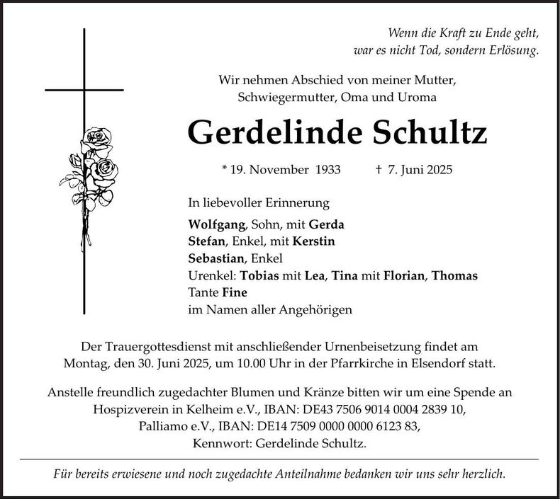 Traueranzeige Gerdelinde Schultz