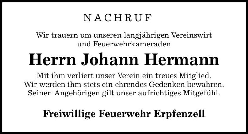 Traueranzeige Johann Hermann