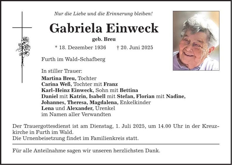 Traueranzeige Gabriela Einweck