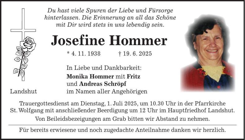 Traueranzeige Josefine Hommer