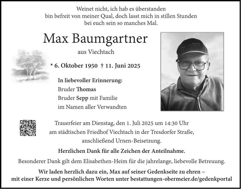 Traueranzeige Max Baumgartner