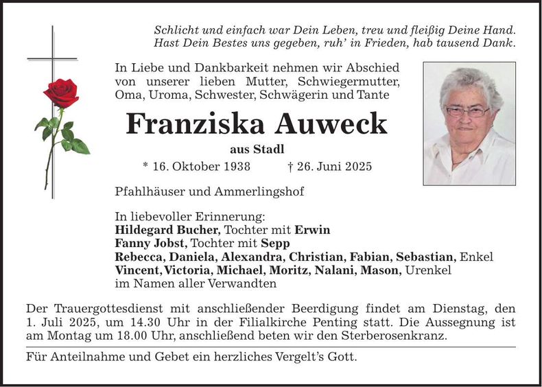 Traueranzeige Franziska Auweck