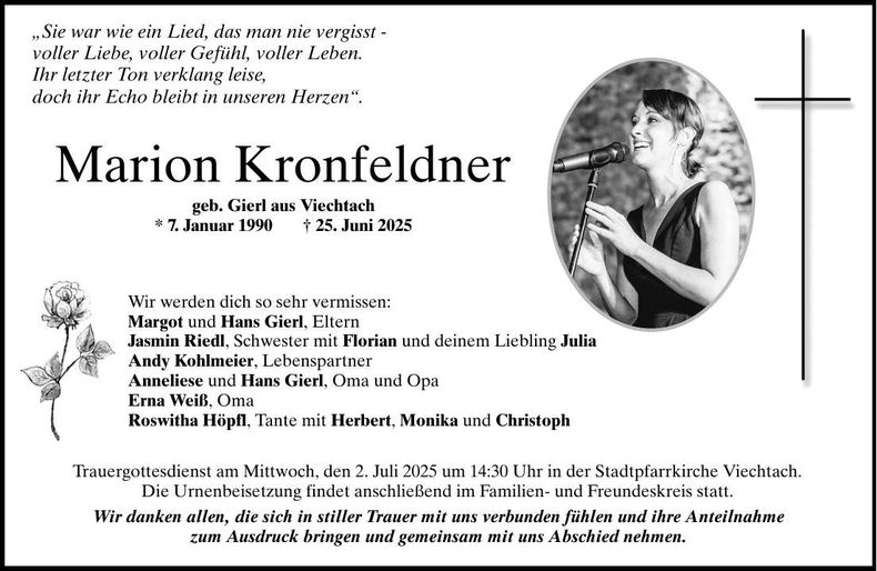 Traueranzeige Marion Kronfeldner