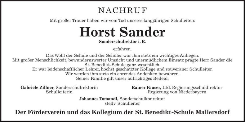 Traueranzeige Horst Horst Sander