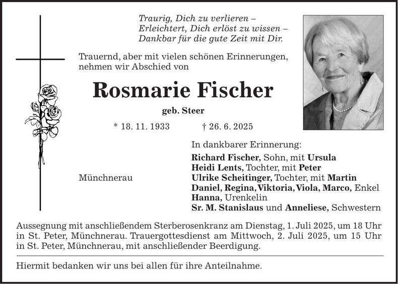 Traueranzeige Rosmarie Fischer