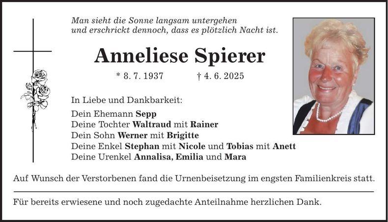 Traueranzeige Anneliese Spierer