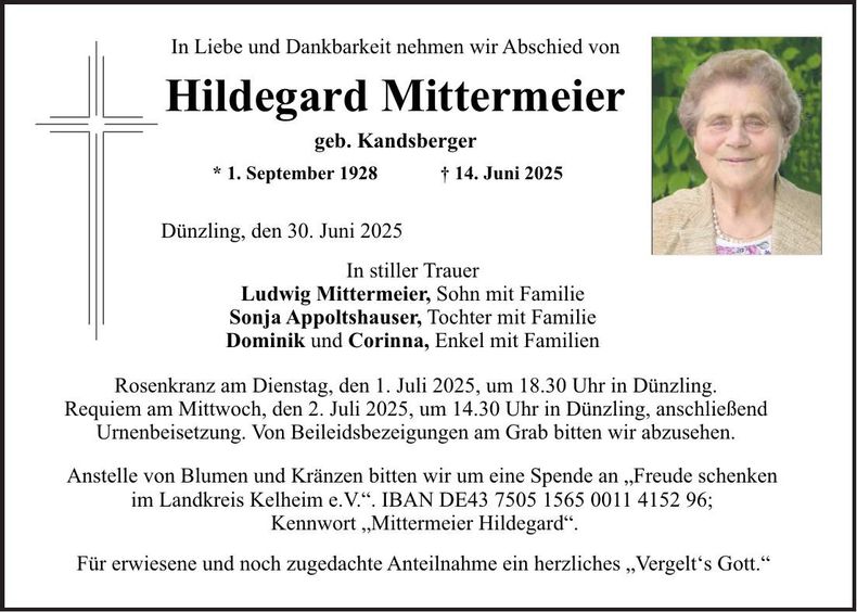 Traueranzeige Hildegard Mittermeier