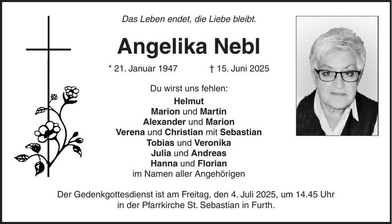 Traueranzeige Angelika Nebl