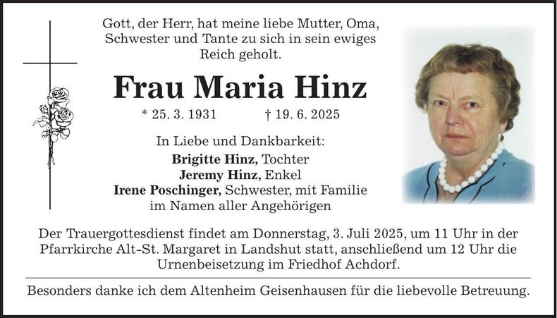 Traueranzeige Maria Hinz