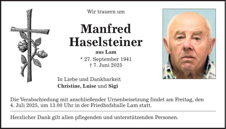 Traueranzeige Manfred Haselsteiner